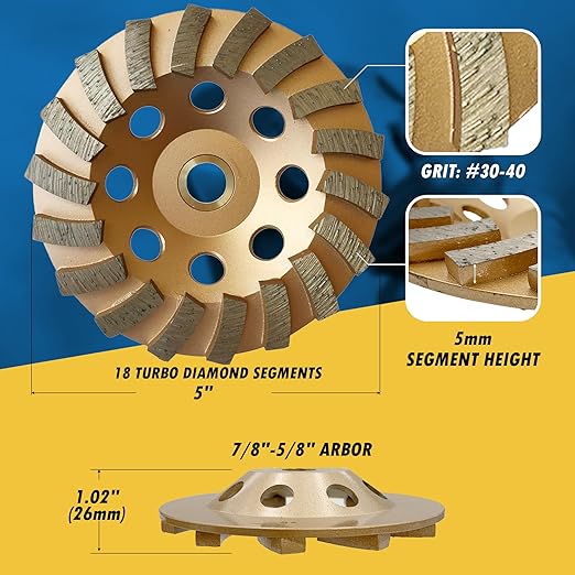 5" Diamond Grinding Wheels for Concrete or Masonry, 18 Turbo Segments, #30/40 Grit, Medium Bond, 7/8"-5/8" Arbor