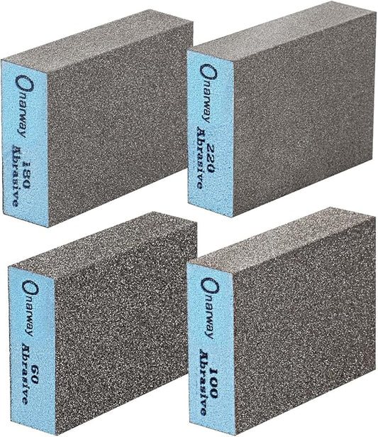Onarway Sanding Sponges 4 Pack Wet and Dry Dual-use, Coarse and Fine Sanding Blocks - 60/100/180/220 Grits 4 Different Specifications, Washable and Reusable, Ideal for Wood Metal Wall Polish