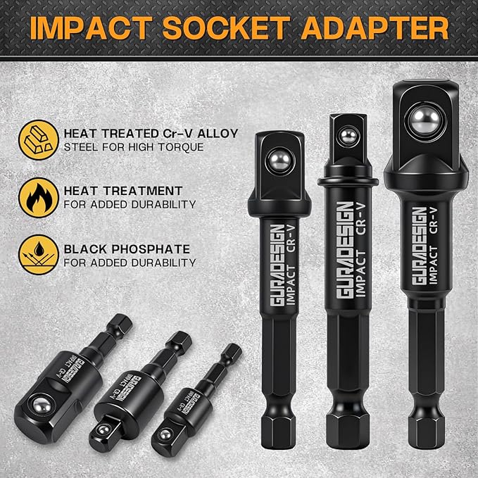 Impact Socket Adapter Set, 6-Piece 3" Extension Bit With Holder, 1/4", 3/8", and 1/2" impact socket adapter & Universal Joints drill socket adapter