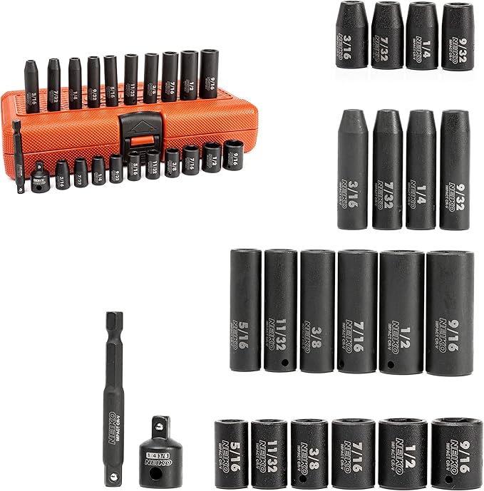 NEIKO 02435A, 22 Piece, 1/4 Socket Set, Standard 3/16????9/16??SAE, Deep and Shallow Sockets, Chrome Vanadium Steel, 3/8??to 1/4??Reducer, Hex Shank Socket Impact Adapter, 1/4 Drive Socket Set