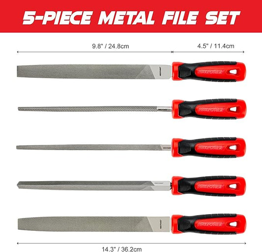MAXPOWER 10-inch Metal File Set, 5 Pieces Hand Files Including Flat, Round, Half-Round, Triangle and Square, Soft Grip Handle, File Set for Wood, Metal Work and DIY