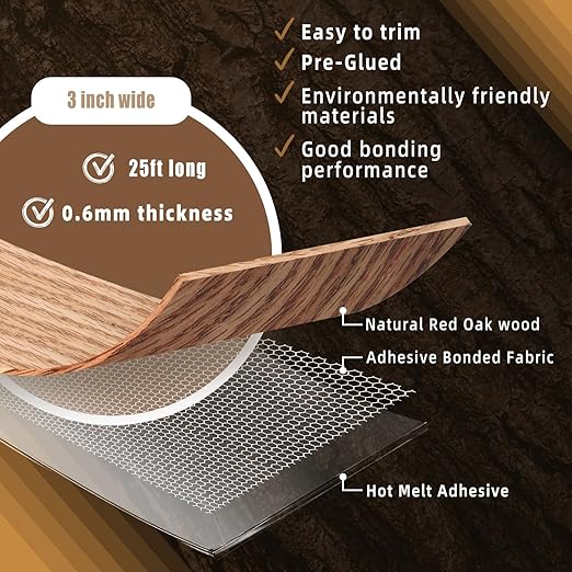 GSCIT Club Red Oak Edge Banding, 3 inch x 25ft roll of Veneer Edge Banding Preglued Flexible, Real Wood Tape Banding
