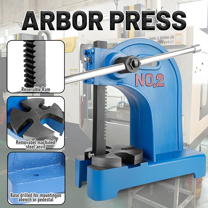 2 Ton Arbor Press with 3 Extra Drifts, Manual Arbor Press Reversible Ram, Heavy-duty Manual Desktop Arbor Press with Removable Steel Anvil 17.32" Height for Metal Cutting/Deforming (2T Blue)