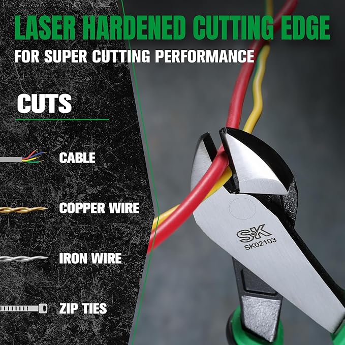 SK 8-Inch Diagonal Pliers, Heavy Duty Side Cutters, High Carbon Steel, Ergonomic Anti-slip Handle for Comfortable Grip