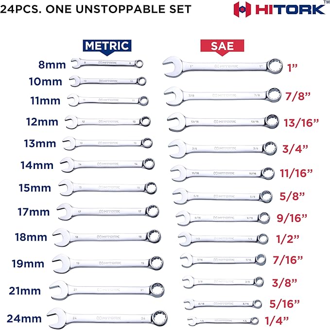 Hitork 24-Piece Combination Wrench Set, SAE (1/4"??") & Metric (8??4mm), Cr-V Steel, Mirror Chrome Finish, 12-Point Box End, 15째 Offset, with Roll Pouch ??Ideal for Home, Garage & Auto Repair