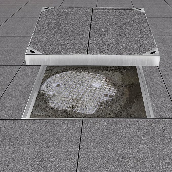 MYOYAY Stainless Steel Manhole Cover and Frame with 2 Lifting Hook, 24x24 inch Recessed Square Septic Tank Lid with Base, Invisible Sewage Basin Inspection Cover for Driveway Yard Pavement