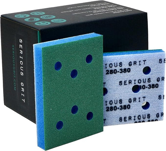Serious Grit - 3" x 4" Foam Abrasive 280-380 Finish Sanding Pads - Fits Surfprep, Uneeda Ekasand, & Mirka - 1/2" Thick Soft Foam Hook & Loop Sandpaper Pads for 3x4 Sanders - Made in USA - 10 Per Box