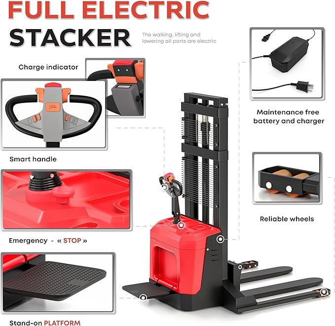 Full Electric Forklift Walkie Pallet Stacker with Stand - Fixed Straddle Legs and Adjustable Forks 5.50 Inch to 27 Inch ??Material Lifter 3300lbs Capacity 8Ft/98 Inch Lifting Heights (US-DS33K-98)