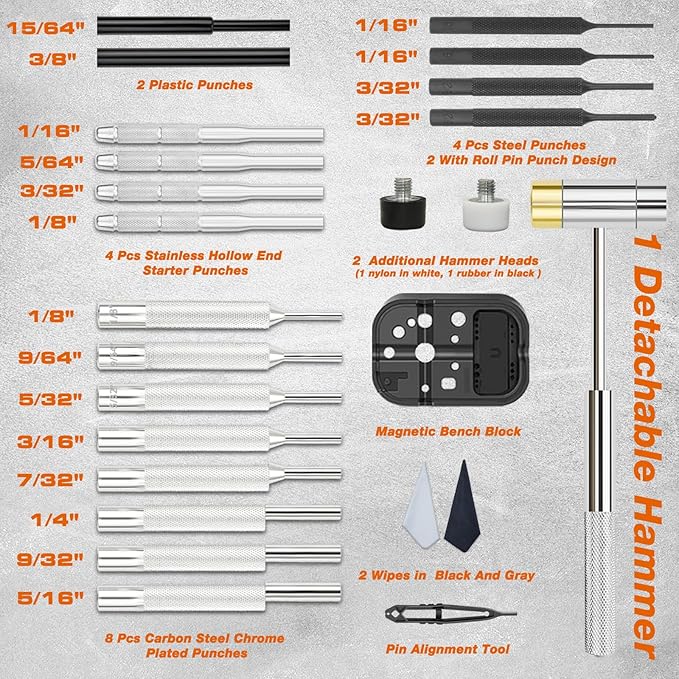 BESTNULE Punch Set, Pin Punches, Punch Tool, Roll Pin Punch Set, Made of High Quality Metal Material Including Punches and Hammer, Mechanical Repair Tool, with Organizer Storage Box (with Bench Block)