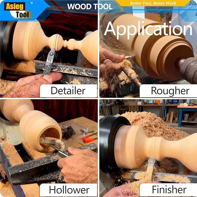 Carbide Tipped Wood Turning tools set Lathe Rougher Finisher Detailer Swan Neck Hollower Tools and Interchangeable Aluminum Alloy Grip Handle with Diamond Round Square Carbide Inserts AT04