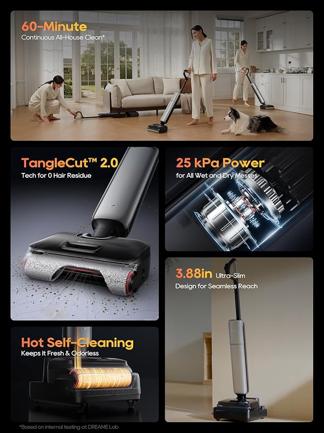 DREAME Aero Pro Cordless Vacuum Mop, Ultra-Slim with Hot Self-Cleaning/Self-Drying, 0 Hair Tangle, 60min Extended Runtime, Wet Dry Vacuum Pick-up & Mop at The Same Time