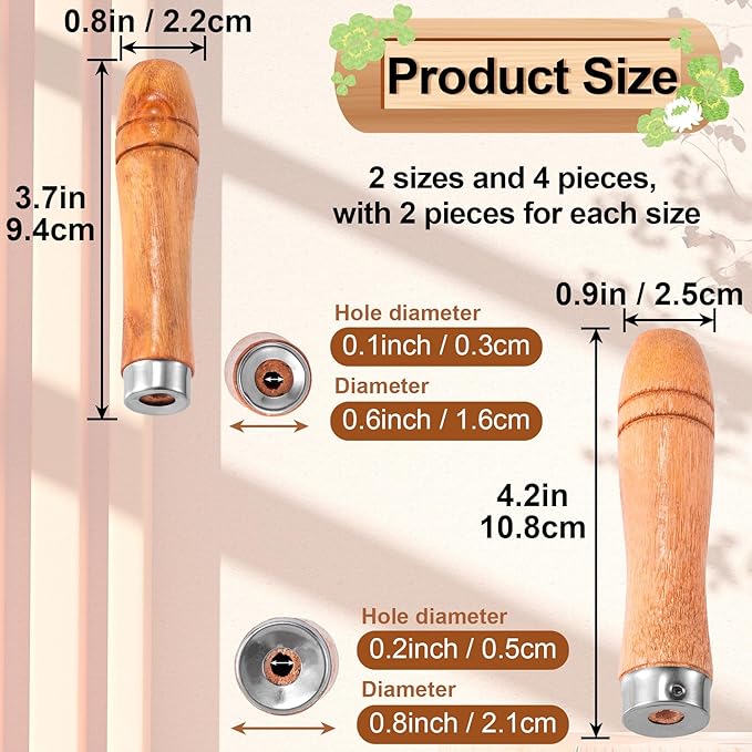 4 PCS Wooden File Handles with Strong Metal Collars, Medium Wooden Handle for 6"-8" File and Large Wood Handle for 10"-12" File, Screwdriver Hand Drill File Handle