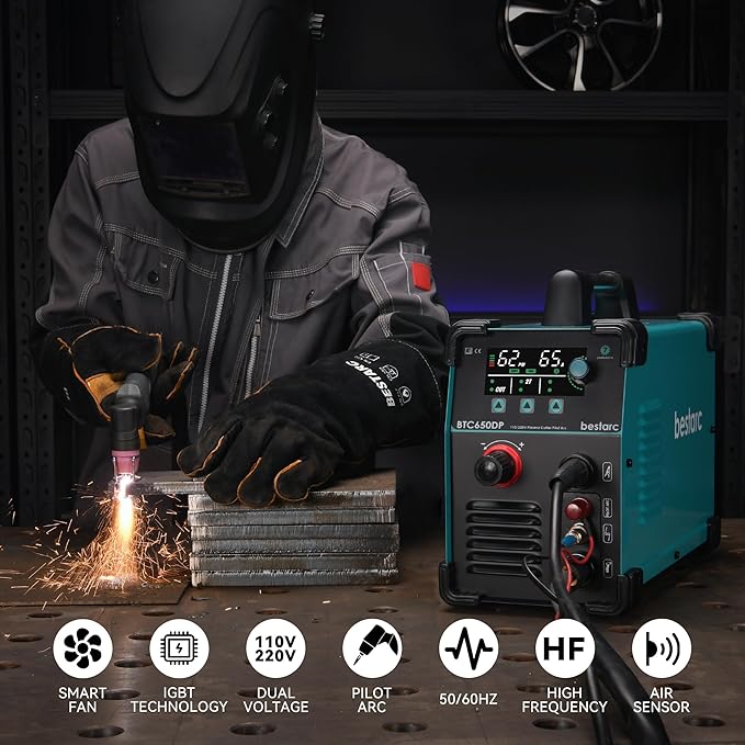 bestarc Plasma Cutter, [Pilot Arc] [Large LED Display] [Air Sensor] 65A bestarc Plasma Cutter Machine 110/220V Dual Voltage, 5/8 Inch Clean Cut 1 Inch Max Cut, Post Flow 2T/4T for Beginners DIY