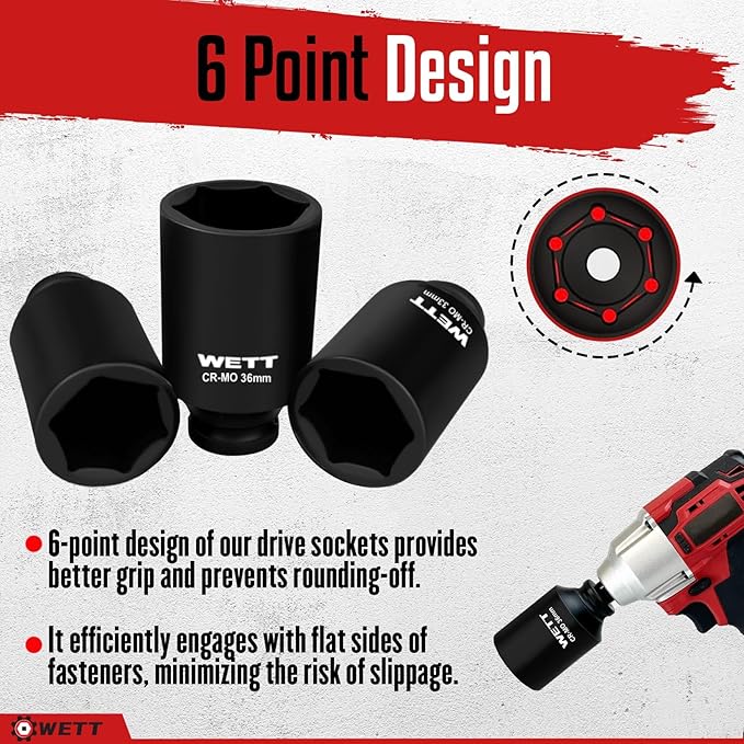 WETT 1/2" Drive Deep Large Impact Socket Set, 11-Piece Spindle Axle Nut Wheel Wrench Sockets Set, Jumbo Metric 6 Point Sockets with 3/4 to 1/2 Adapter, CR-MO, (27mm-38mm)