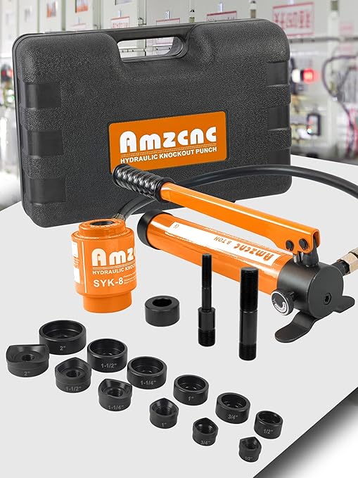 AMZCNC 8 Ton 1/2" to 2" Hydraulic Knockout Punch Driver Tool Kit Electrical Conduit Hole Cutter Set KO Tool Kit with 6 Dies Hole Complete Tool (Knockout Punches) (8T竊?/2"~2"竊?
