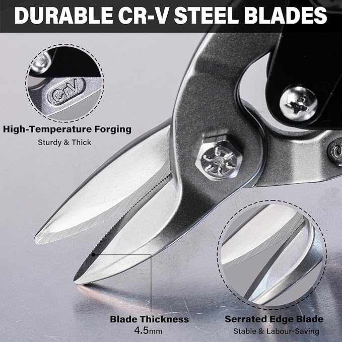 HAUTMEC 3-Piece Aviation Tin Snips for Cutting Metal Sheet, CR-V Steel Miter Shears for Straight, Left & Right Cuts, 10 Inch Heavy-Duty Sheet Metal Cutters with Safety Lock & Ergonomic Grip - HT0068