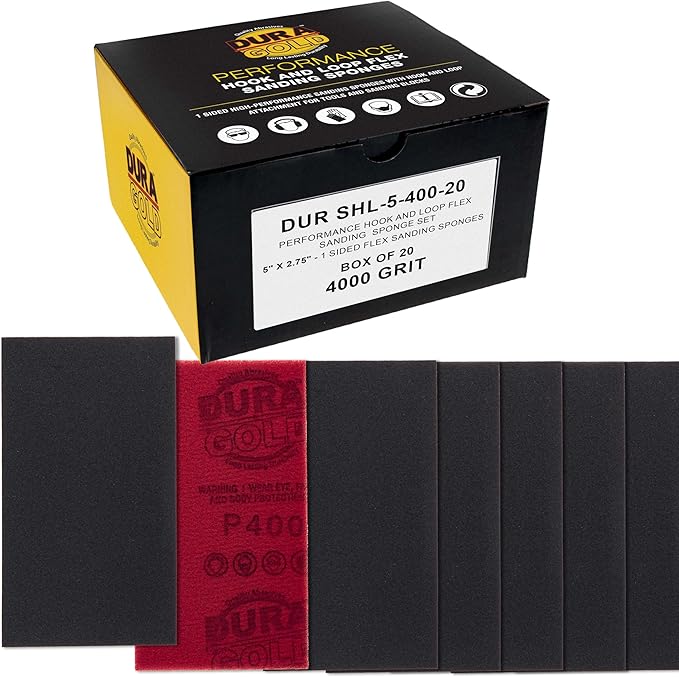 Dura-Gold 400 Grit 5" x 2-3/4" Sanding Sponges, Box of 20 - Performance Hook & Loop Wet or Dry Flexible Sandpaper Sponge Pads - for Hand Sanding Blocks, Palm Sanders - Polish Metal, Auto Paint, Wood