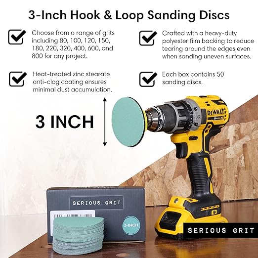 Serious Grit - 3-Inch 150 Grit Sanding Discs - Heavy-Duty Hook & Loop Film Discs - Sandpaper for Woodturning, Bowl Sanding & Power Tool Drill Attachment Sanding Pads - Pack of 50