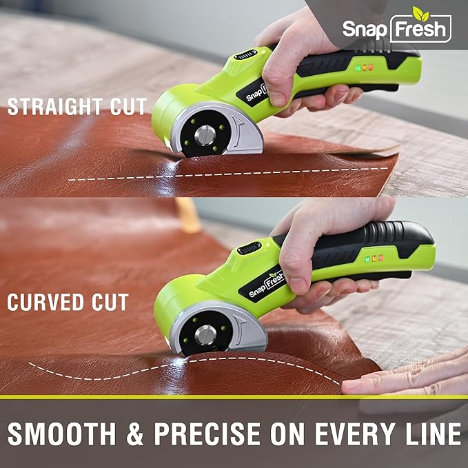 SnapFresh 4V Cordless Electric Scissors-Rechargeable Rotary Box Cutter w/ 2.0Ah Battery, 2 Self-Sharpening Blades, LED Light & Safety Lock,Carpet Cutter Tool for Cardboard, Fabric, Leather, Plastic