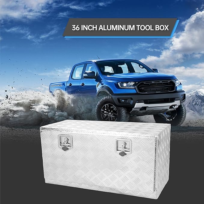 36'' x 18'' x 17'' Underbody Tool Box竊똚aterproof Heavy Duty Aluminum Truck Tool Box竊?5 Bar Tread RV Storage Organizer with T-Handle,Silver