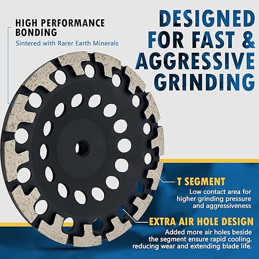 7" High Performance Diamond Grinding Wheels for Concrete, Paint, Epoxy, Mastic, Coating Removal, #30/40 Grit, T-Segments, 5/8"-11 Arbor
