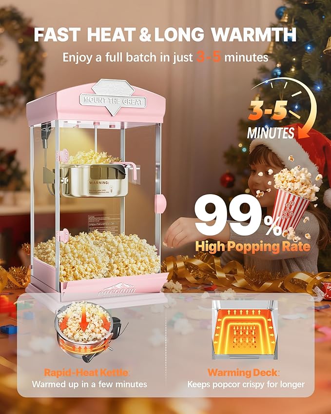 8 Oz Popcorn Machine, Tabletop Popcorn Maker, Countertop Pop Corn Machine Makes Up to 32 Cups, Movie Theater Popcorn Popper Machine with Stainless-Steel Kettle for Home Family, 300 W, Pink