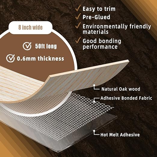 GSCIT Club Oak Wood Veneer, 8 inch x 50ft Wood Edge Banding Pre-glued Flexible, Veneer Tape Banding for Cabinet Repair Furniture Restoration
