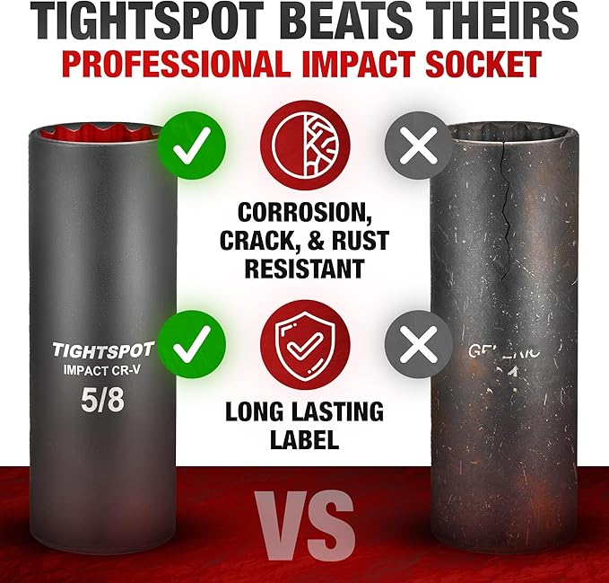 TIGHTSPOT 1/2 Inch Drive - 5/8 Inch Deep Impact Socket with Anti-Rounding 12 Point Design, Heat-Treated CRV Steel