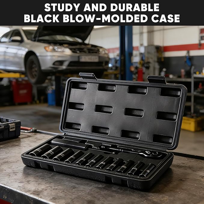 Aloanes 1/4" Drive Socket Set, 13-Piece SAE (3/16"- 11/32") Deep Sockets, 72-Tooth Ratchet Wrench, Drive Spinner Handle, 6 Point Design, Cr-V Steel