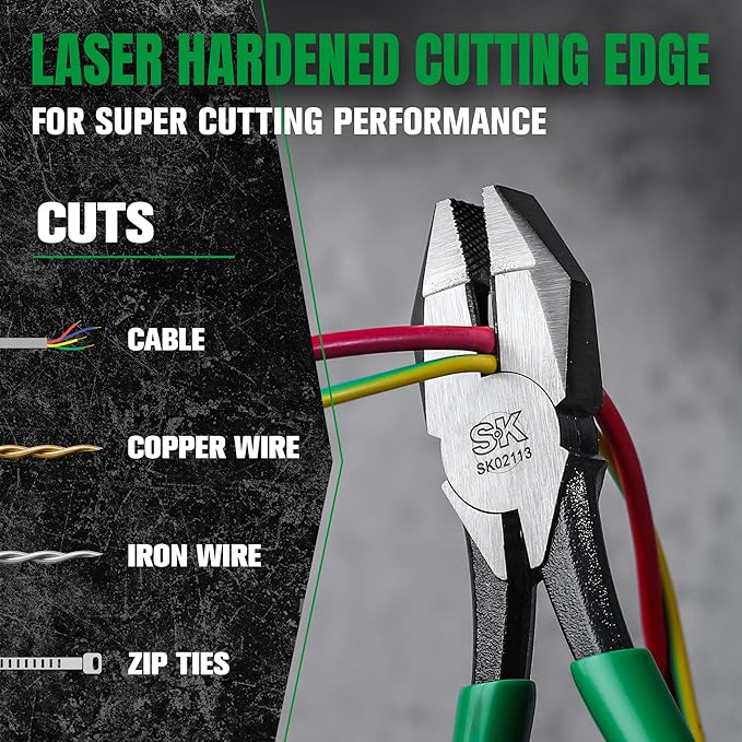 SK 9" Ironworker's Pliers, Wire Cutters With Heavy Duty Knurled Jaws, Spring Loaded Side Cutters, Premium CR-V Steel Construction, Linesman Pliers With Hook Bend Handle