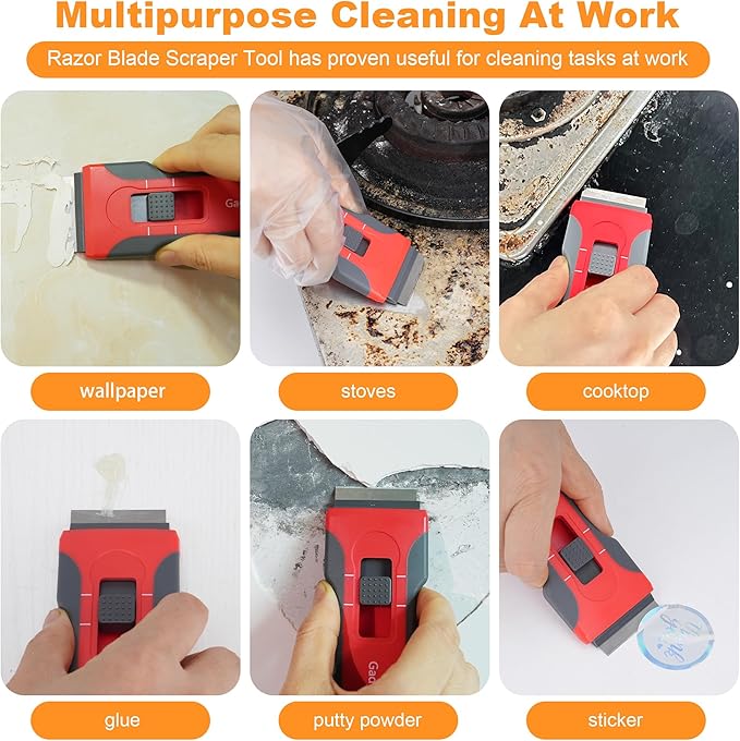Razor Blade Scraper with 2 Pcs Plastic Scraper, Scraper Tool for Cooktop, Oven, Stove, Labels Decal, Plastic Blades for Clean Glass Window, Scraper Buit-In Blade torage, Upgraded Lock Mechanism,Gray