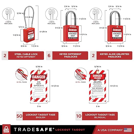 TRADESAFE Lockout Tagout Kit - 90 Loto Devices, Cable Lock, Loto Locks, Breaker Lockout Devices, Lock Out Tags, Plug Lock, Hasps, OSHA-Compliant Lock Out Tag Out Kits Electrical Tools