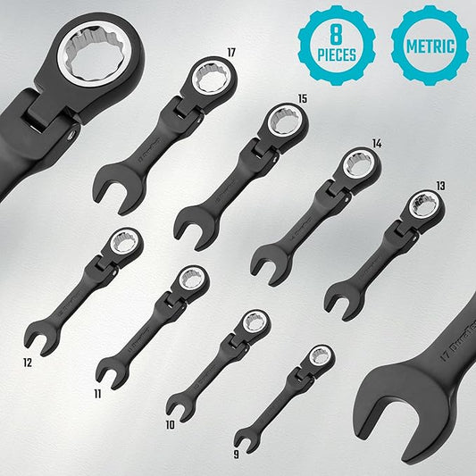 DURATECH Stubby Flex-head Ratcheting Combination Wrench Set, 8-piece, Metric, 9 to 17mm, CR-V Steel, Black Electrophoretic Coating, with Rolling Pouch