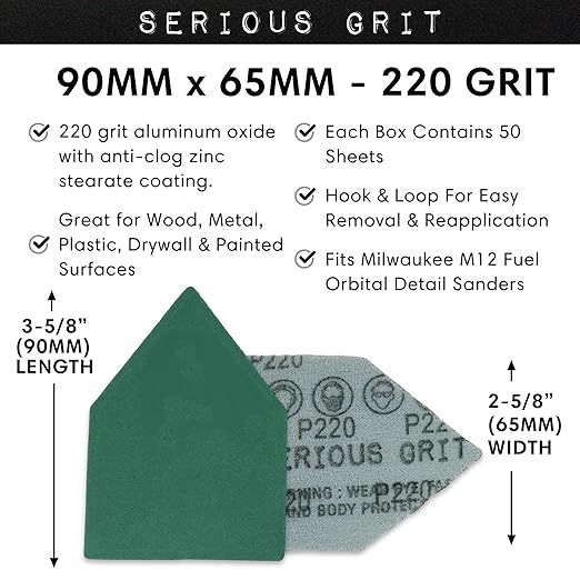 Serious Grit - 220 Grit 90mm x 65mm Triangle Sanding Sheets - Fits Milwaukee M12 Fuel Sanders - Heavy-Duty Hook & Loop Film Sandpaper Pads for Orbital Detail Sanders - 50 Pack Box