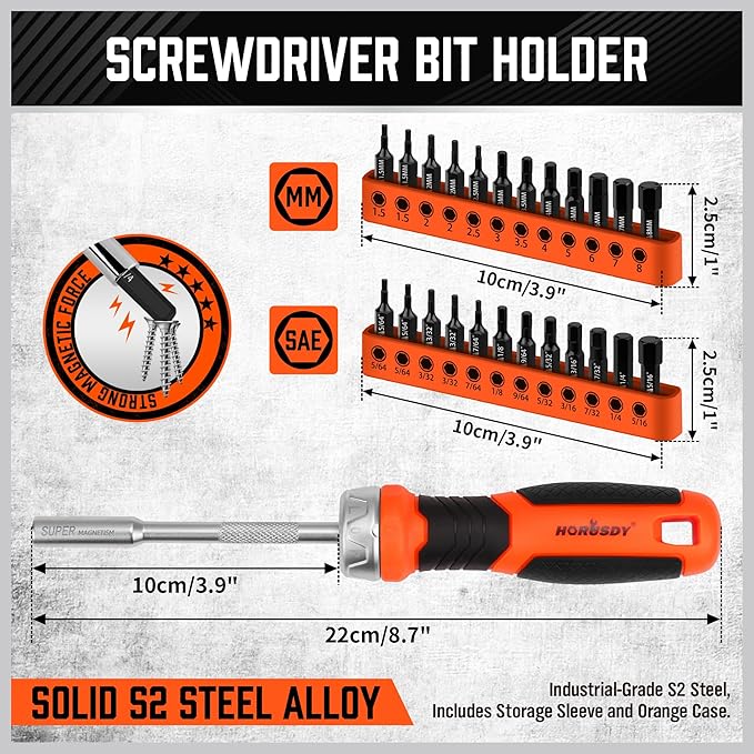 HORUSDY 25-Piece Hex Screwdriver Bit Set | Metric and SAE Hex Bit Set 1/4 inch Ratcheting Magnetic Bit Driver