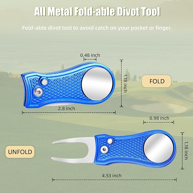 Mile High Life Golf Divot Repair Tool, All Metal Foldable Divot Tool with Pop-up Button & Magnetic Ball Marker
