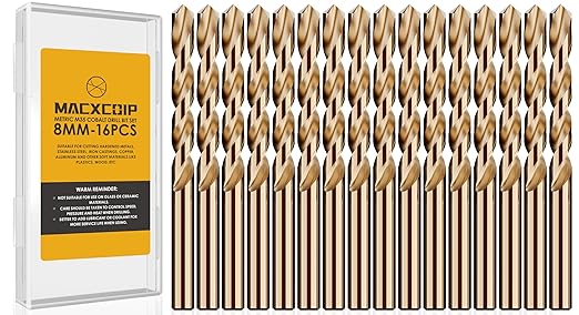 Metric 16Pcs M35 Cobalt Drill Bit Set, 8mm HSS Cobalt Jobber Drill Bits, for Hardened Metals, Stainless Steel, Cast Iron and Wooden Plastics