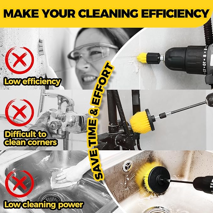 Holikme 8 Piece Drill Brush Attachments Set, Power Scrubber with Extend Long Attachment竊똂leaning Supplies for Bathtub, Shower, Grout, Tile(Yellow)
