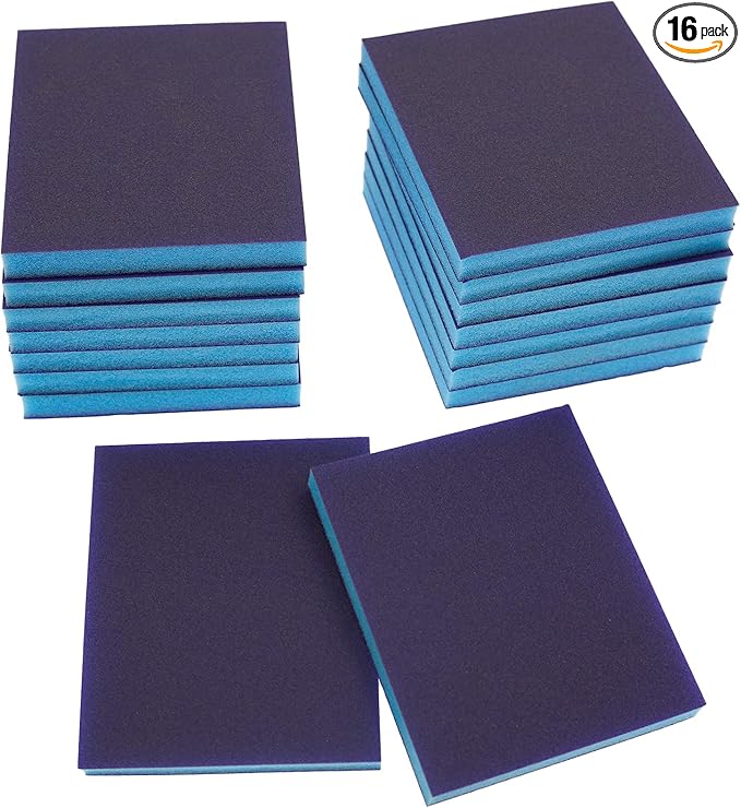 BokWin 16Pcs Sanding Sponge, 220 Grit Washable Sponge Sand Blocks, Wet and Dry Sanding Blocks for Plastic, Wood, Metal, Furniture (Superfine Grade)