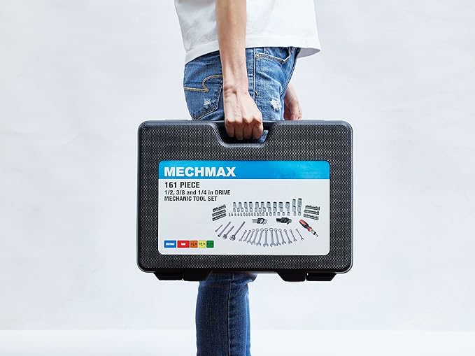 MECHMAX 161-Piece Master Mechanics Tool Set & 1/4", 3/8", 1/2" Drive Socket Kit. Professional Auto Repair Set with Ratcheting Bit Driver, Spark Plug Sockets, Wrenches & Hex Keys for Car, Truck, RV.