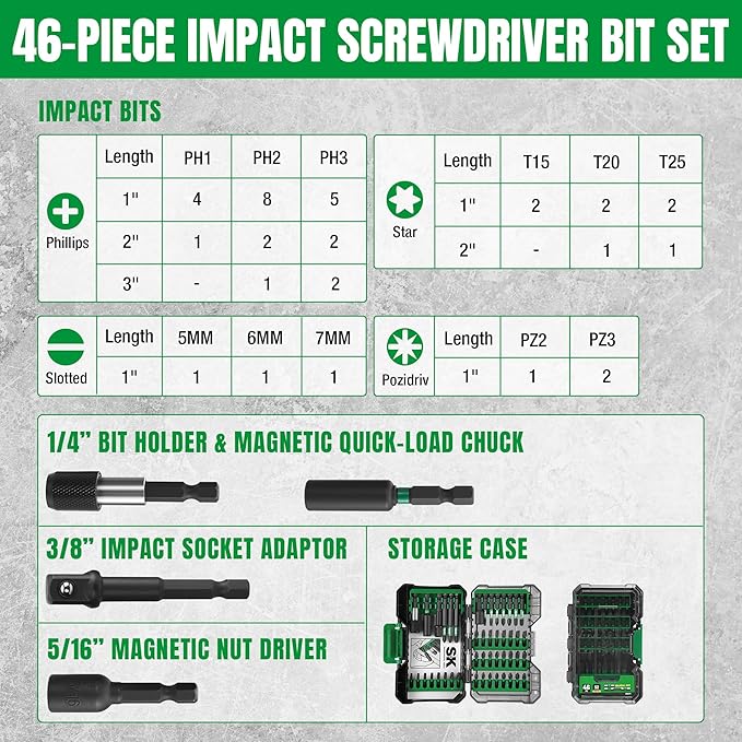 SK 46-Piece Screwdriver Bit Set, Impact driver Bits with Torsion‑Buffer Design, S2 Steel, Organized in Storage Case