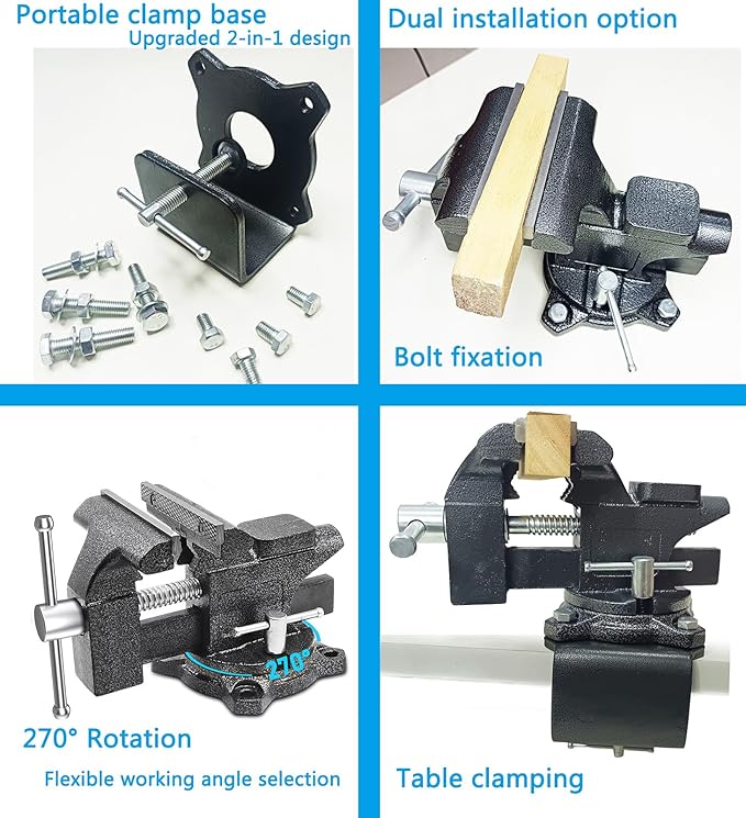 MYTEC 2-In-1 Bench Vise Heavy Duty for Workbench, 6.0" black, Upgraded Multi-Purpose Table Vice, Universal Rotate 270째Work Clamp-On Vise