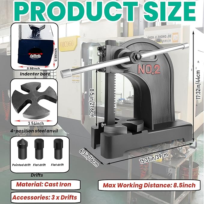 2 Ton Arbor Press with 3 Extra Drifts, Manual Arbor Press Reversible Ram, Heavy-duty Manual Desktop Arbor Press with Removable Steel Anvil 17.32" Height for Metal Cutting/Deforming (2T Black)