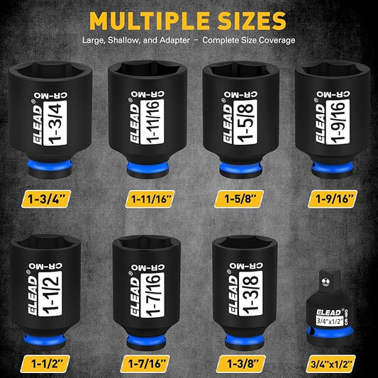 1/2'' Drive Deep Impact Socket Set, 8-Piece SAE Wheel Axle Nut Wrench Large Sockets Standard Adapter 1-11/16 1-9/16 1-3/8 1-7/16 1-1/2 1-5/8 1-3/4 Imperial Spindle Joint Torque Bearing Locknut Truck