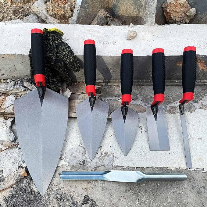 6 Pack Masonry Hand Tool Set, Concrete Tool Set Includes 1 PC Brick Trowel, 2 PCS Pointing Trowels, 1 PC Margin Trowel, 1 PC Tuck Pointing Trowels, 1 PC 5/8??x 1/2??Convex Brick Jointer