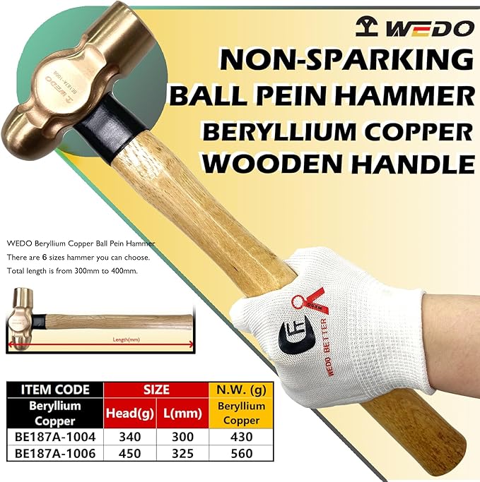 WEDO 2PCS Ball Pein Hammer,3/4lb+1lb Non-Sparking Ball Peen Hammer with Wooden Handle, Beryllium Copper,Non-Magnetic,Die-forged,Corrosion Resistant,BAM & FM Certificate,DIN Standard