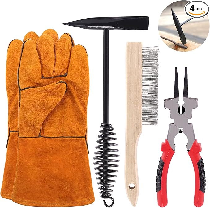 Hilitchi 4Pcs Welding Slag Removal Tool Set, 8inch Multi-Function Welding Pliers, Welding Chipping Hammer with Coil Spring Handle, Wire Brush Wire Scratch Brush for Cleaning Rust and Welding Gloves