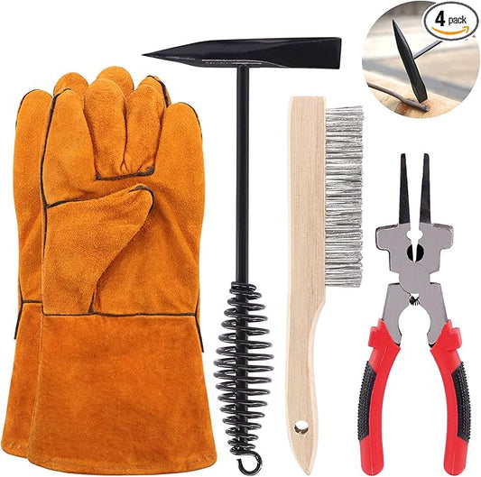 Hilitchi 4Pcs Welding Slag Removal Tool Set, 8inch Multi-Function Welding Pliers, Welding Chipping Hammer with Coil Spring Handle, Wire Brush Wire Scratch Brush for Cleaning Rust and Welding Gloves