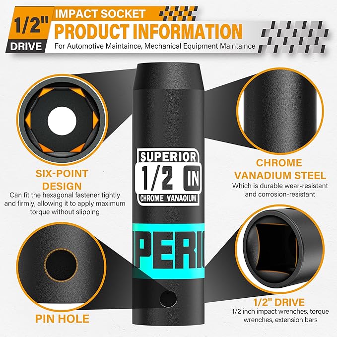 1/2" Drive Impact Socket, 1/2 inch Deep Socket, SAE, 6 Point, CR-V, for Car Repair, Loosen the Fastening Nut