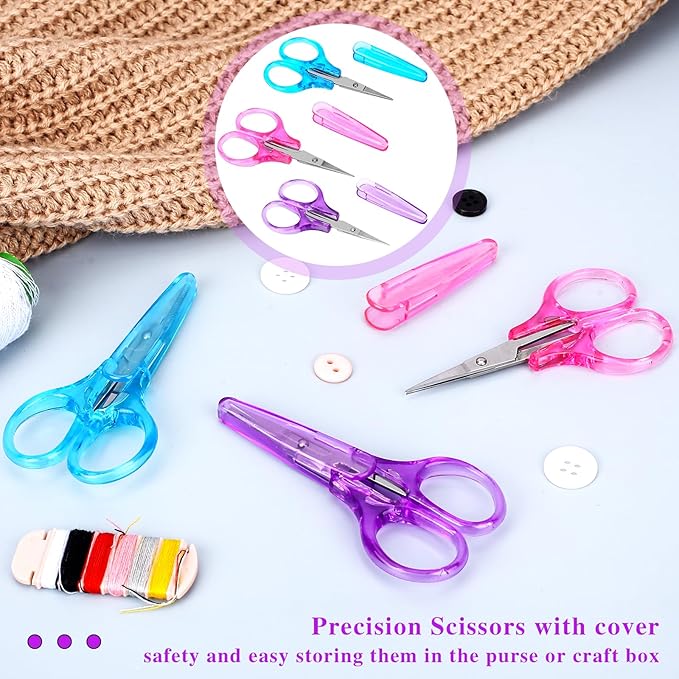 3Pcs Small All Purpose Craft Scissors - Stainless Steel with Protective Cover, Mini Detail, Precision Straight Fine Tips for Paper Cutting, Scrapbooking